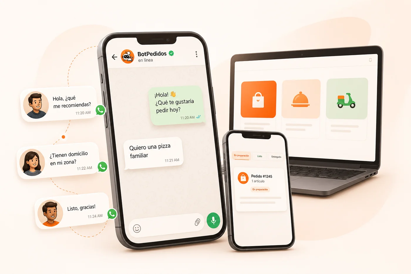 BotPedidos atendiendo clientes por WhatsApp mientras el negocio administra pedidos desde el celular y el computador